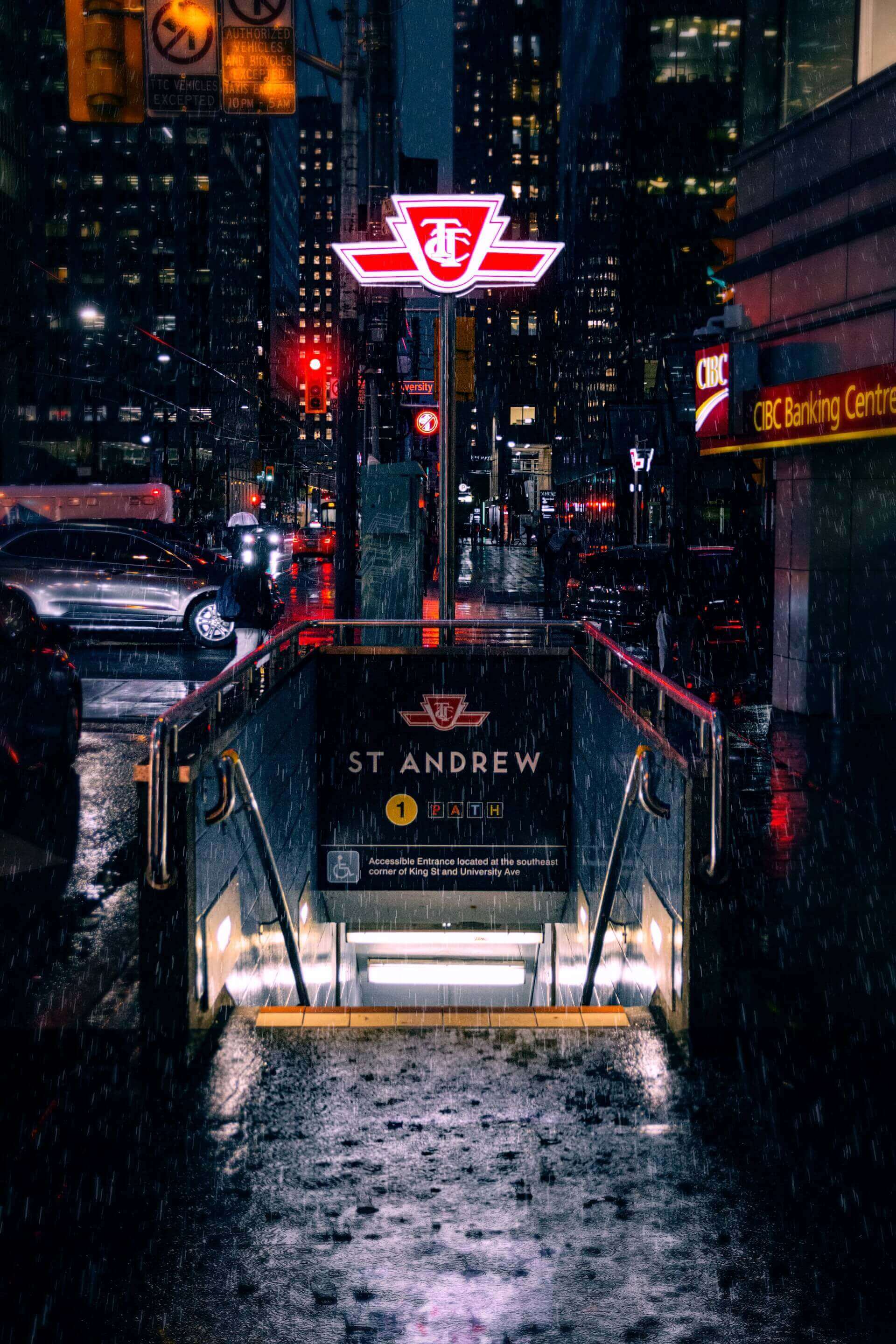 A photo of St Andrew subway station entrance in Toronto, Canada.